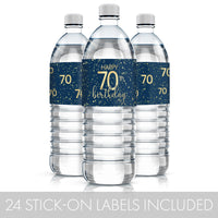 waterproof water bottle labels in navy blue with bold gold lettering that celebrates the milestone of an 70th birthday