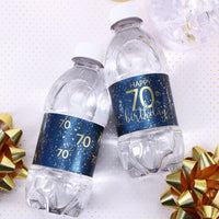 A group of water bottles with elegant navy blue and gold labels that are customized for an 70th birthday celebration, perfect for adding a personalized touch to any party
