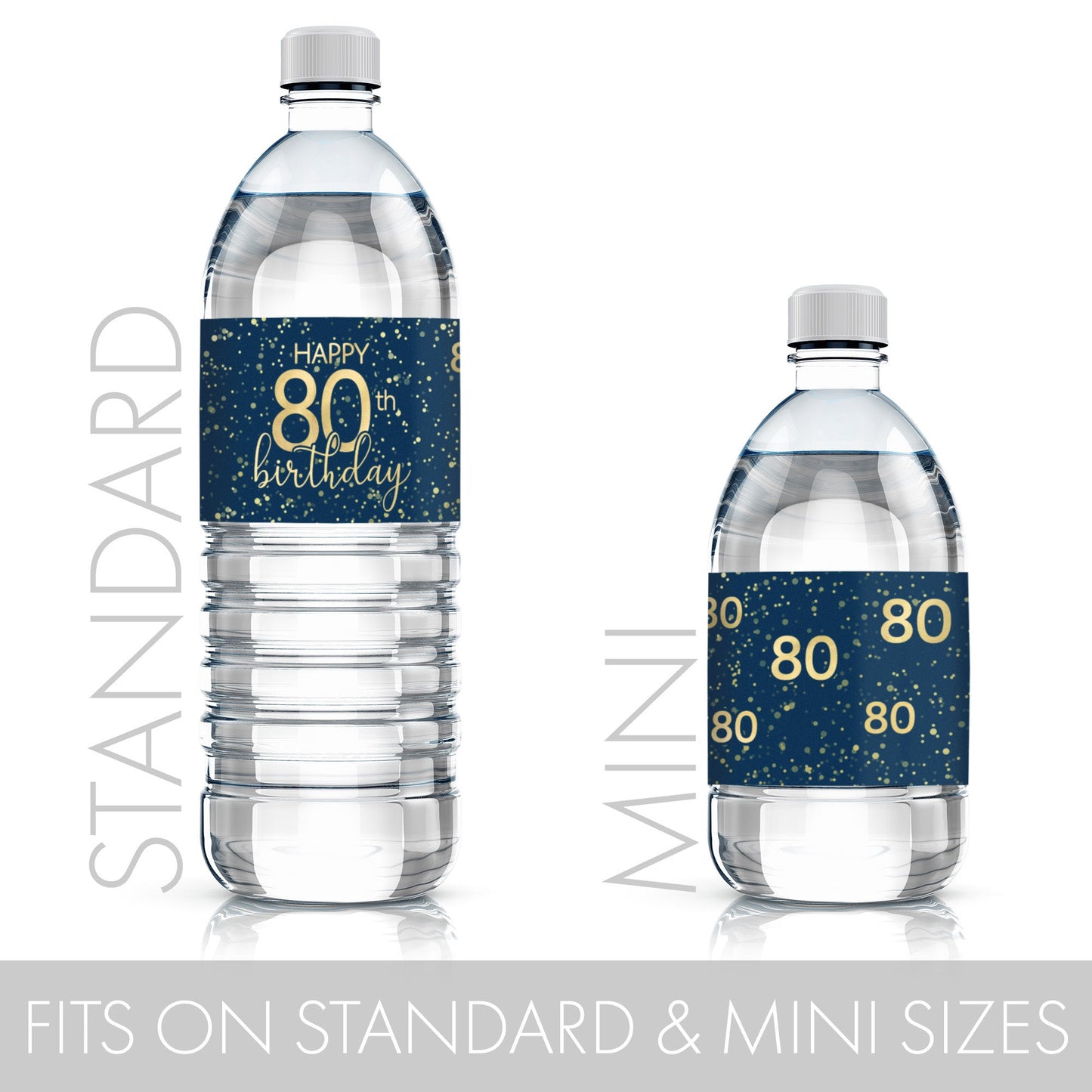 A detailed shot of a 80th birthday navy blue and gold label that is designed to fit standard or mini water bottles