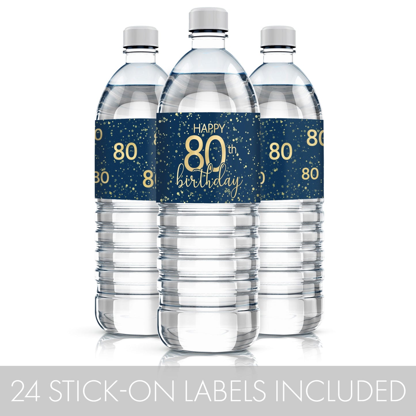 waterproof water bottle labels in navy blue with bold gold lettering that celebrates the milestone of an 80th birthday