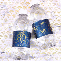 A group of water bottles with elegant navy blue and gold labels that are customized for an 80th birthday celebration, perfect for adding a personalized touch to any party