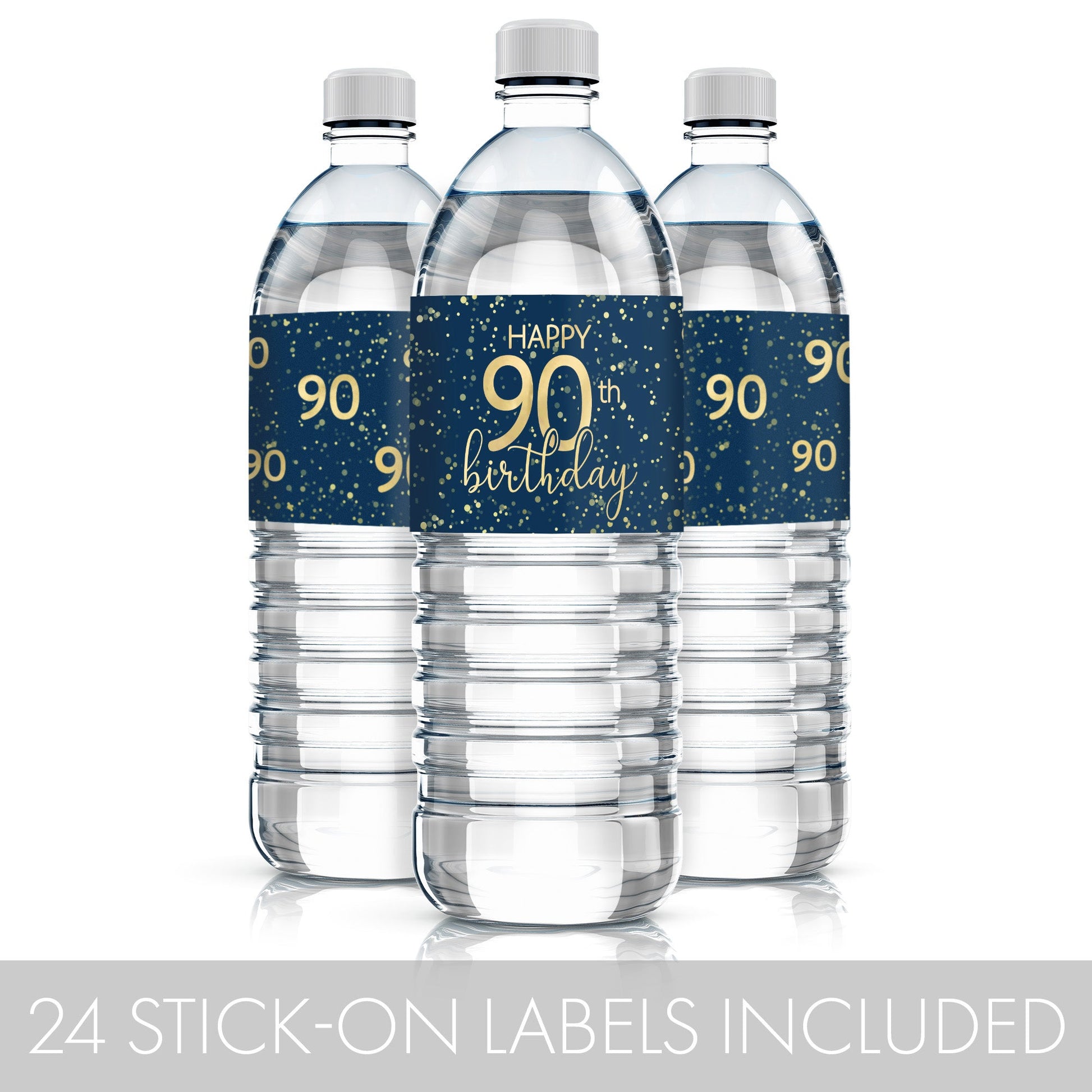 waterproof water bottle labels in navy blue with bold gold lettering that celebrates the milestone of an 90th birthday