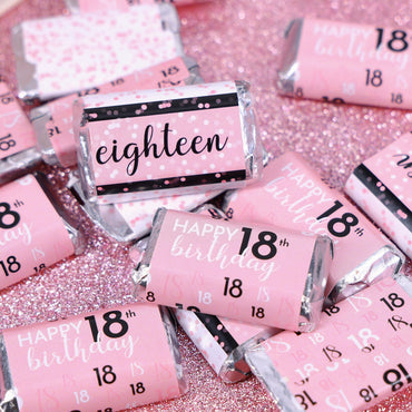close-up of a Pink, Black and White 18th Birthday Mini Candy Bar Wrapper Sticker 