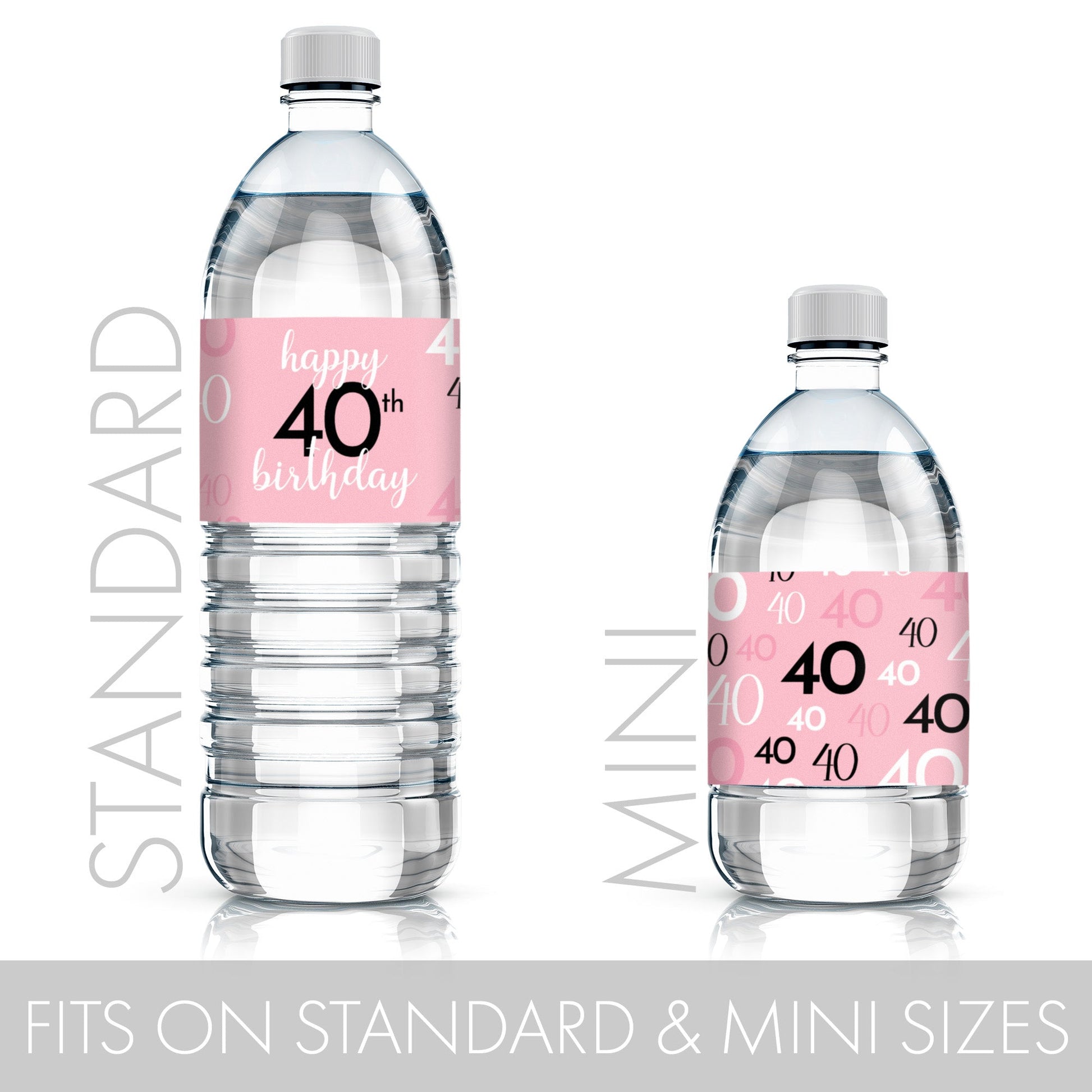 Celebrate in style with pink and black water bottle labels for your 40th birthday