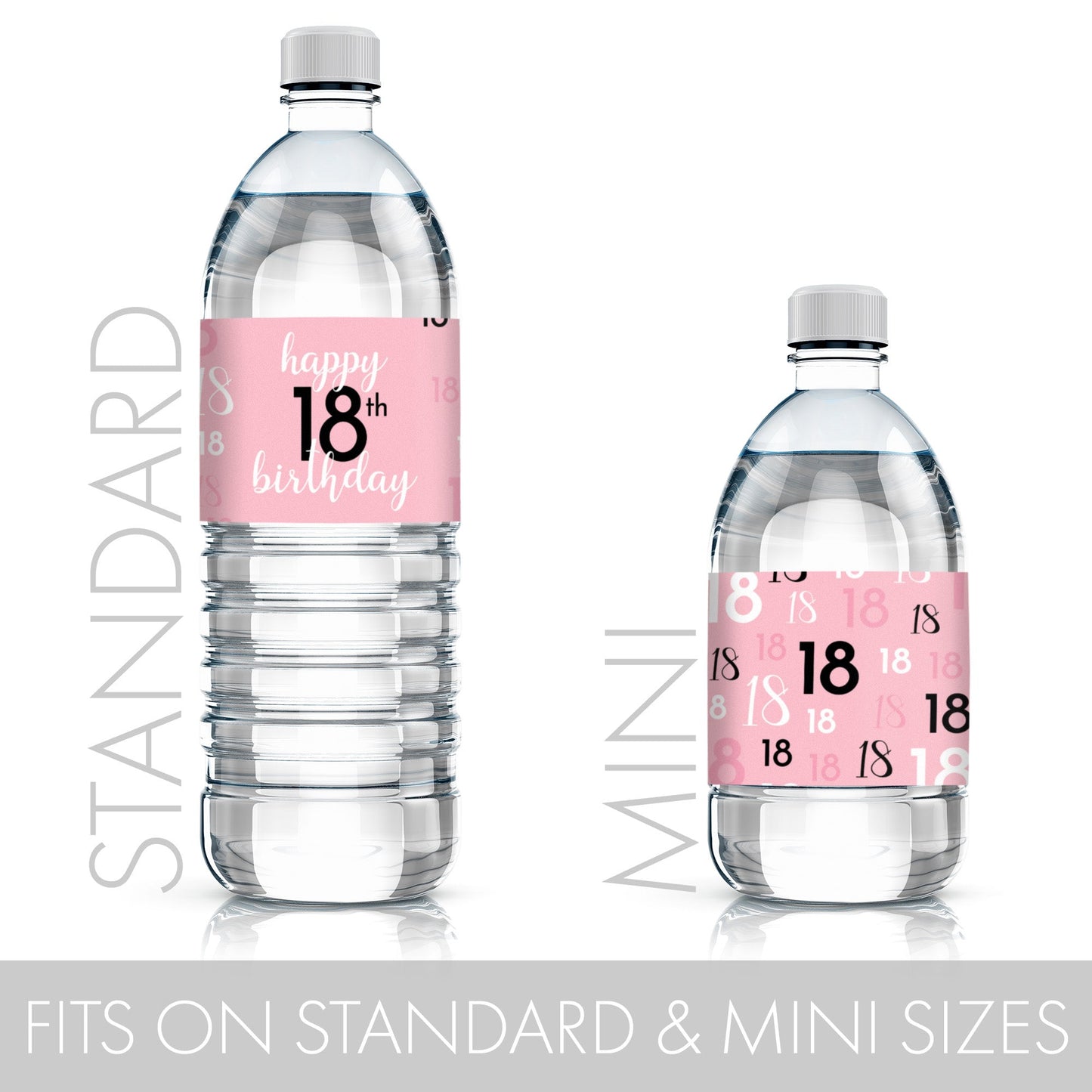 Celebrate in style with pink and black water bottle labels for your 18th birthday