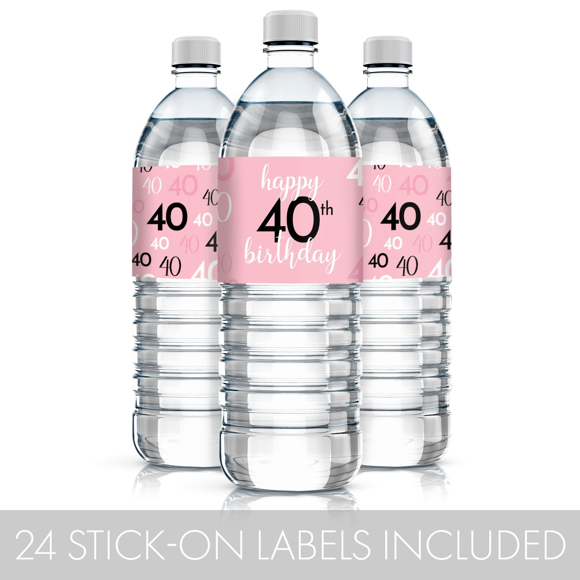 Eye-catching 40th birthday water bottle labels in pink and black with easy peel-and-stick application