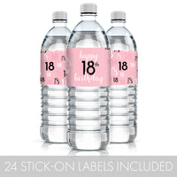 Eye-catching 18th birthday water bottle labels in pink and black with easy peel-and-stick application