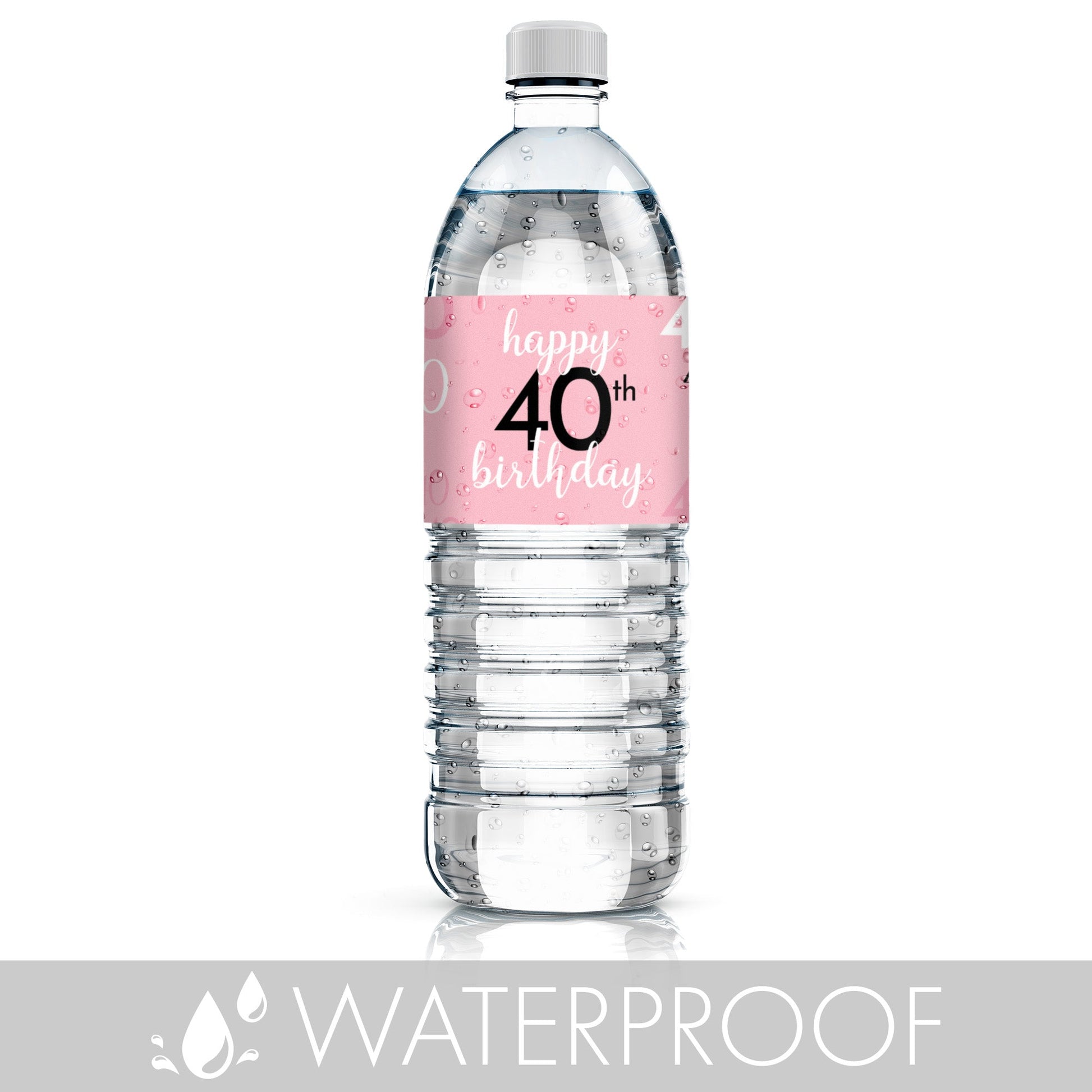 Personalize your water bottles with waterproof labels in a stylish 40th pink and black design