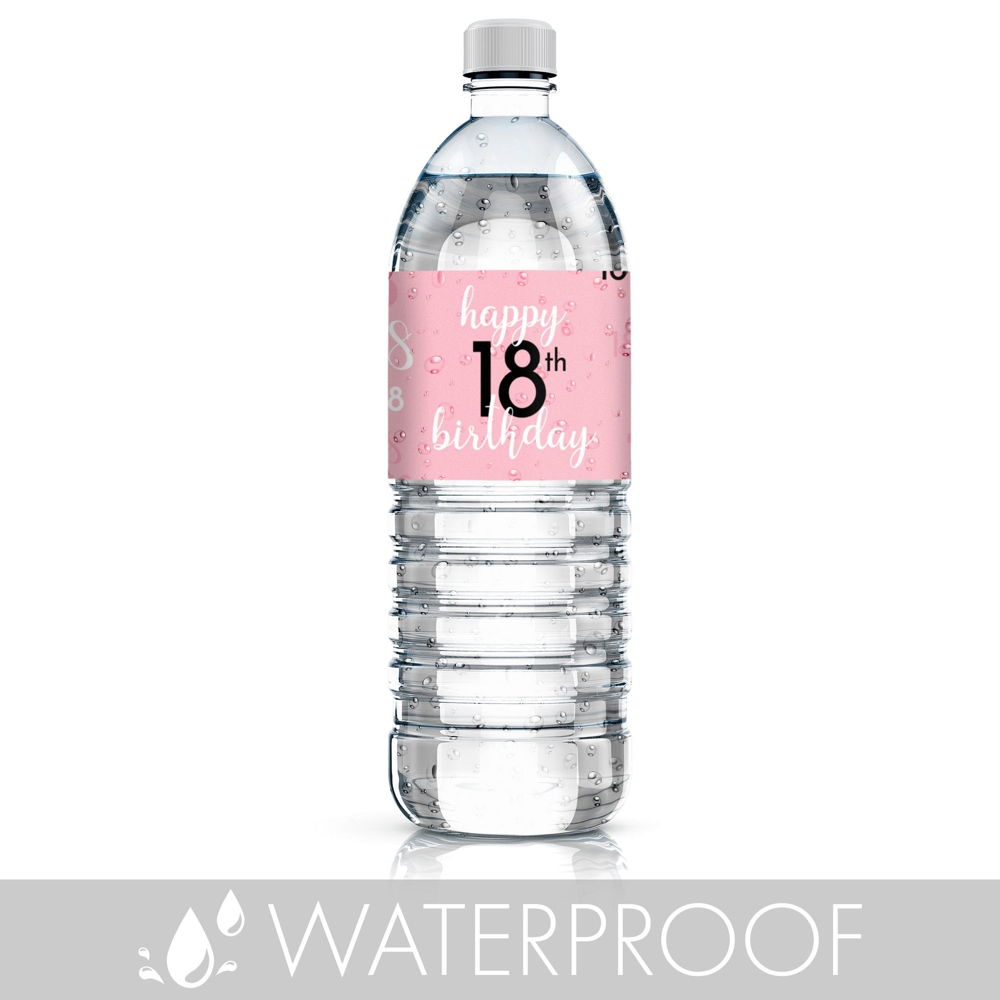 Personalize your water bottles with waterproof labels in a stylish 18th pink and black design