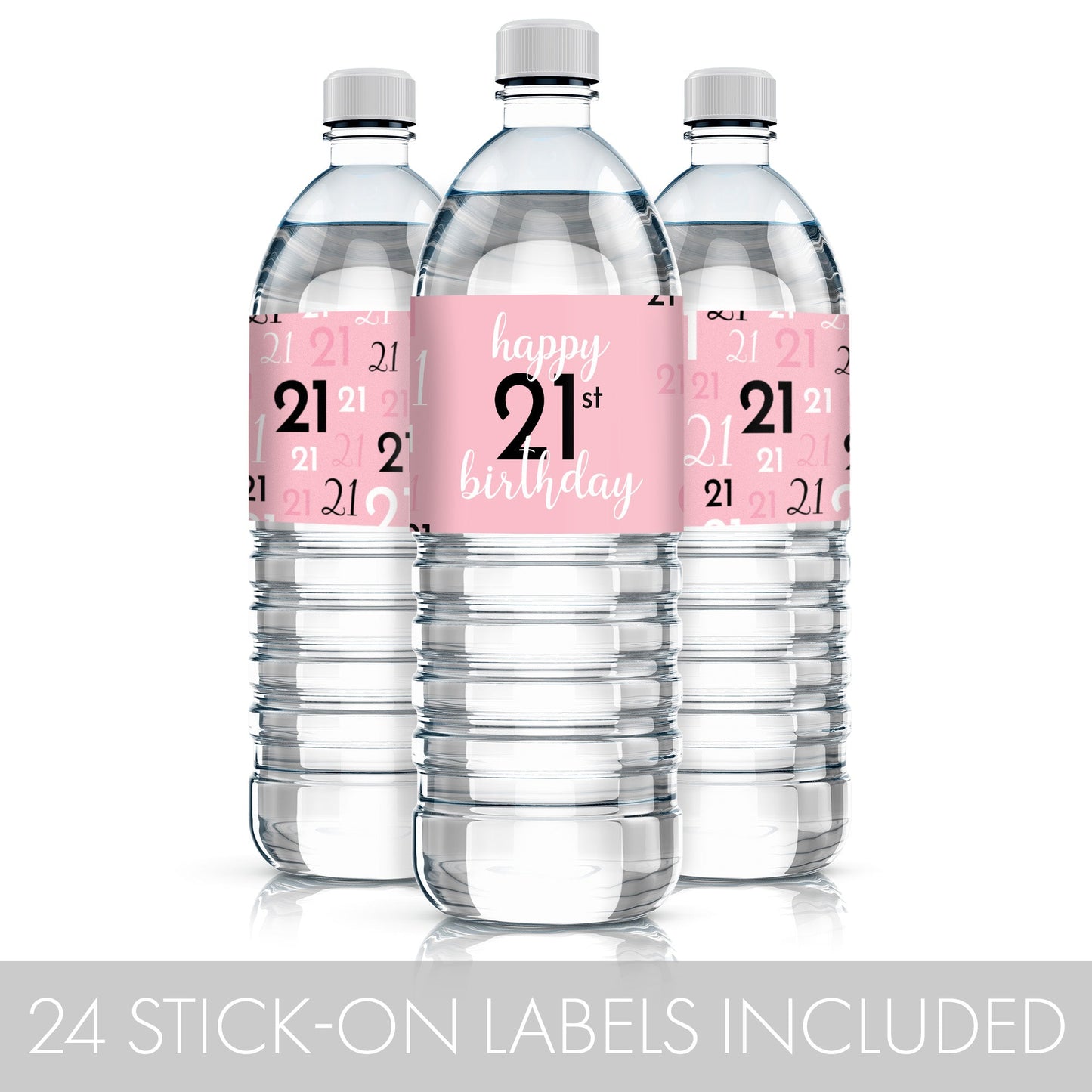 Eye-catching 21st birthday water bottle labels in pink and black with easy peel-and-stick application