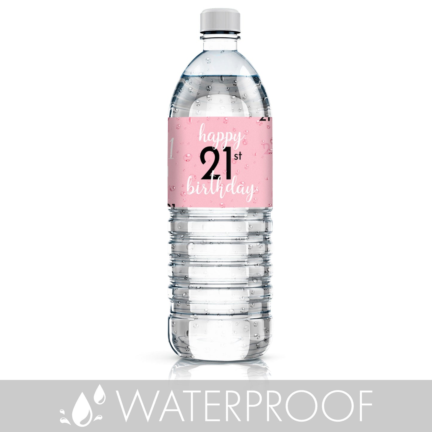 Personalize your water bottles with waterproof labels in a stylish 21st pink and black design