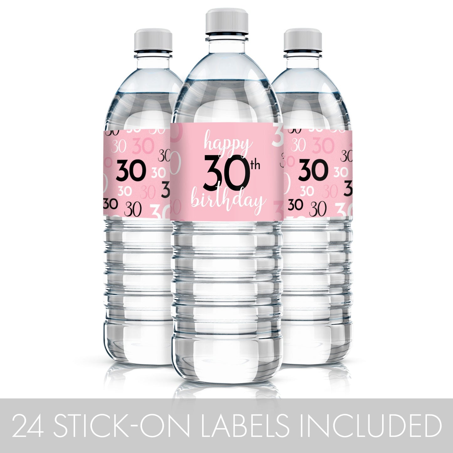 Eye-catching 30th birthday water bottle labels in pink and black with easy peel-and-stick application