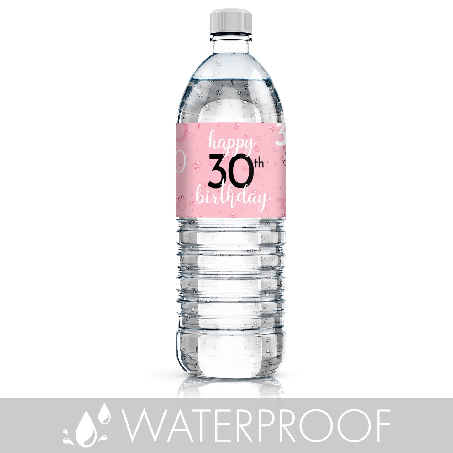 Personalize your water bottles with waterproof labels in a stylish 30th pink and black design