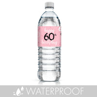 Personalize your water bottles with waterproof labels in a stylish 60th pink and black design