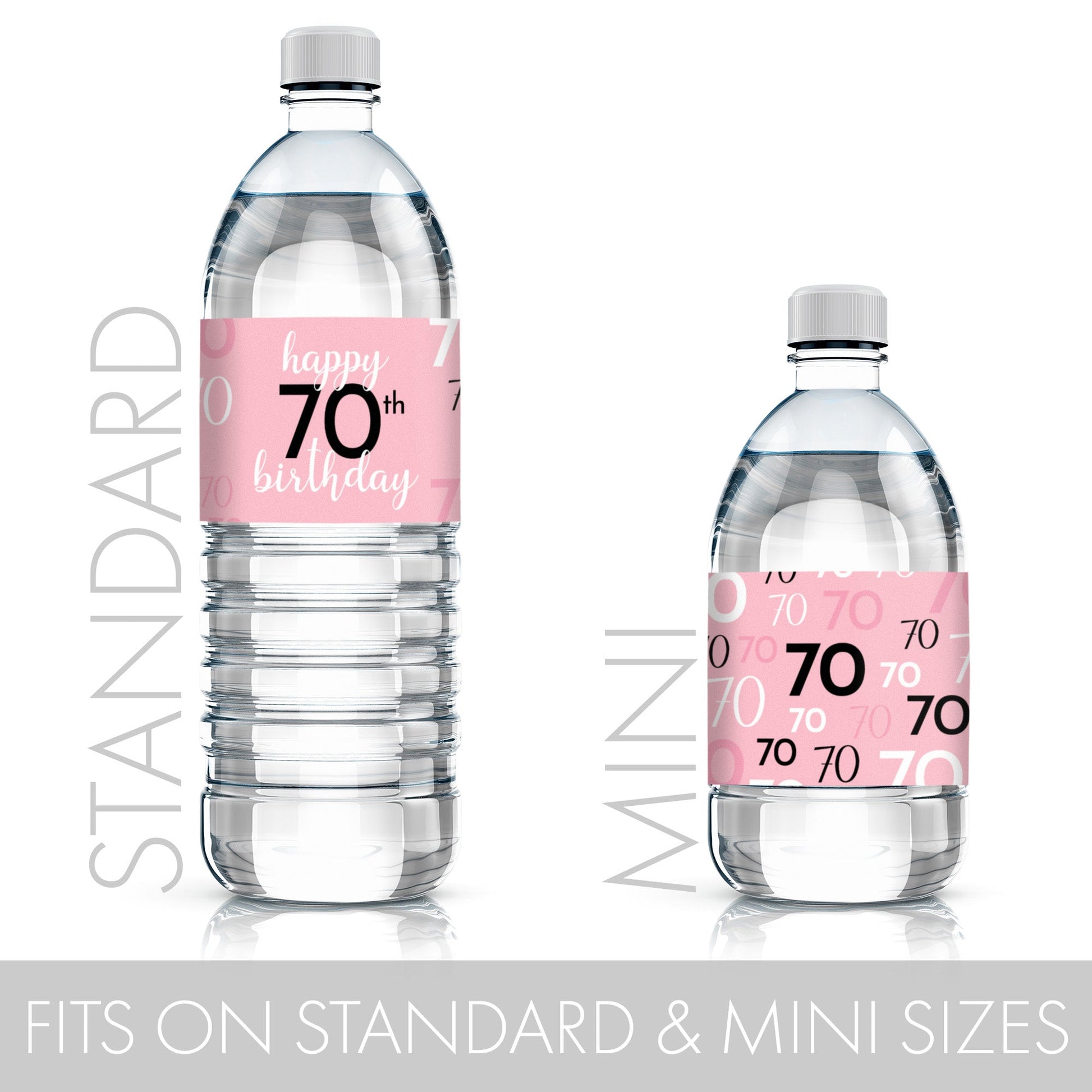 Celebrate in style with pink and black water bottle labels for your 70th birthday