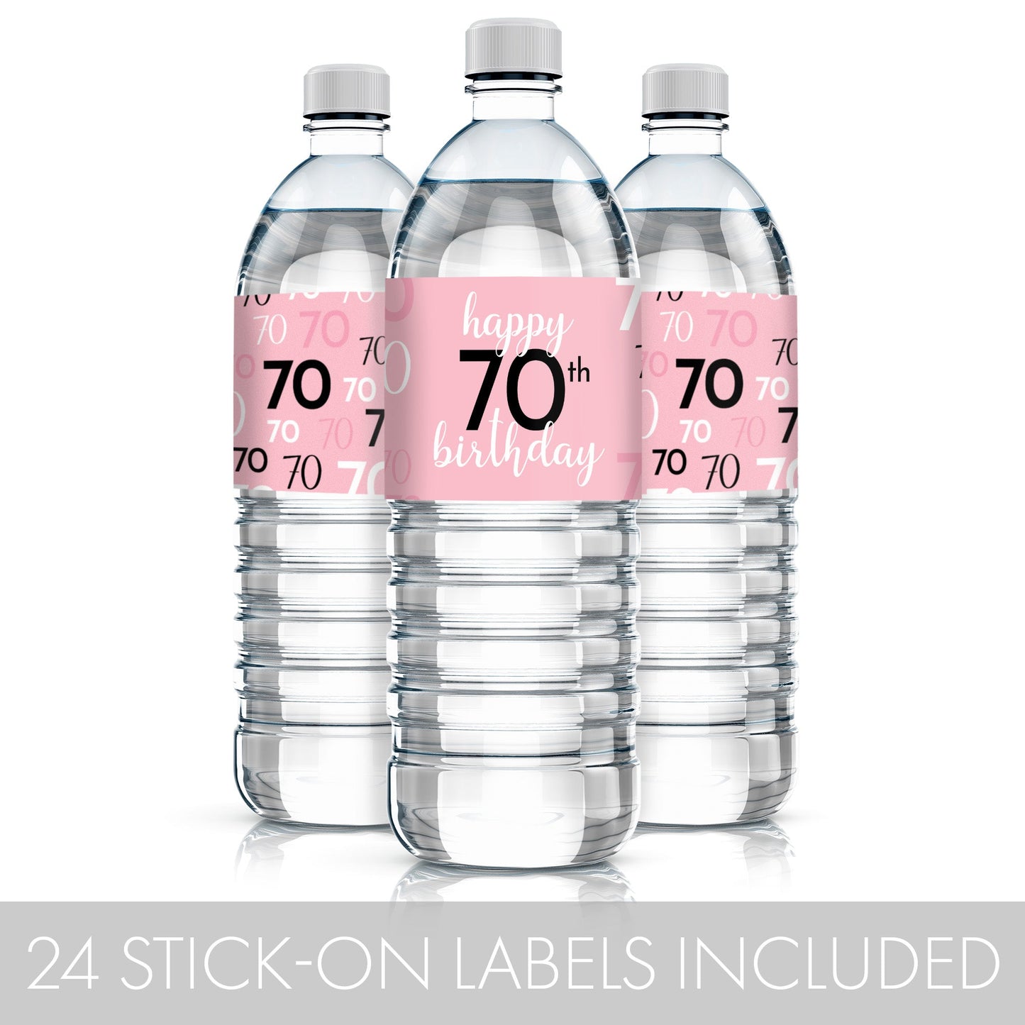 Eye-catching 70th birthday water bottle labels in pink and black with easy peel-and-stick application