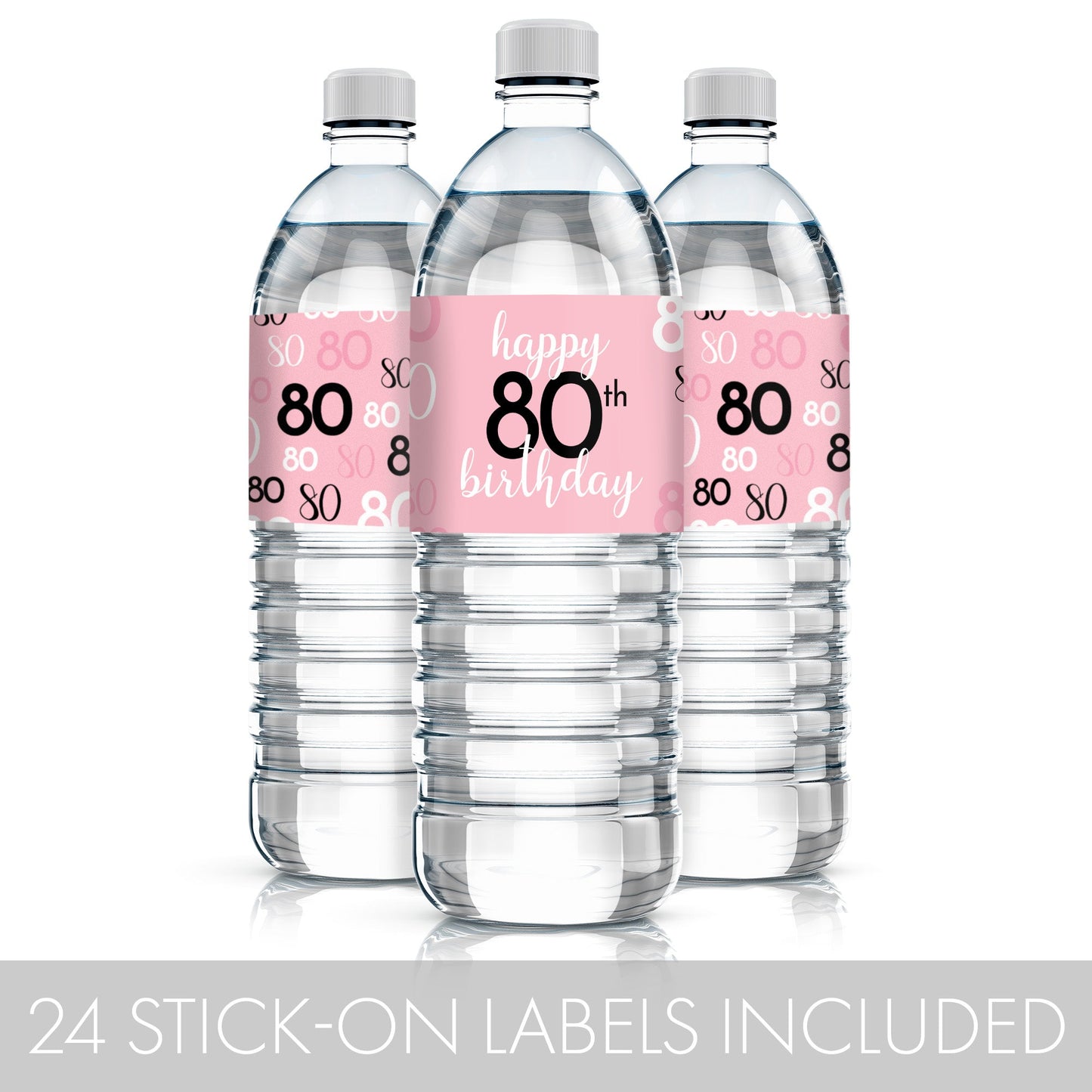 Eye-catching 80th birthday water bottle labels in pink and black with easy peel-and-stick application