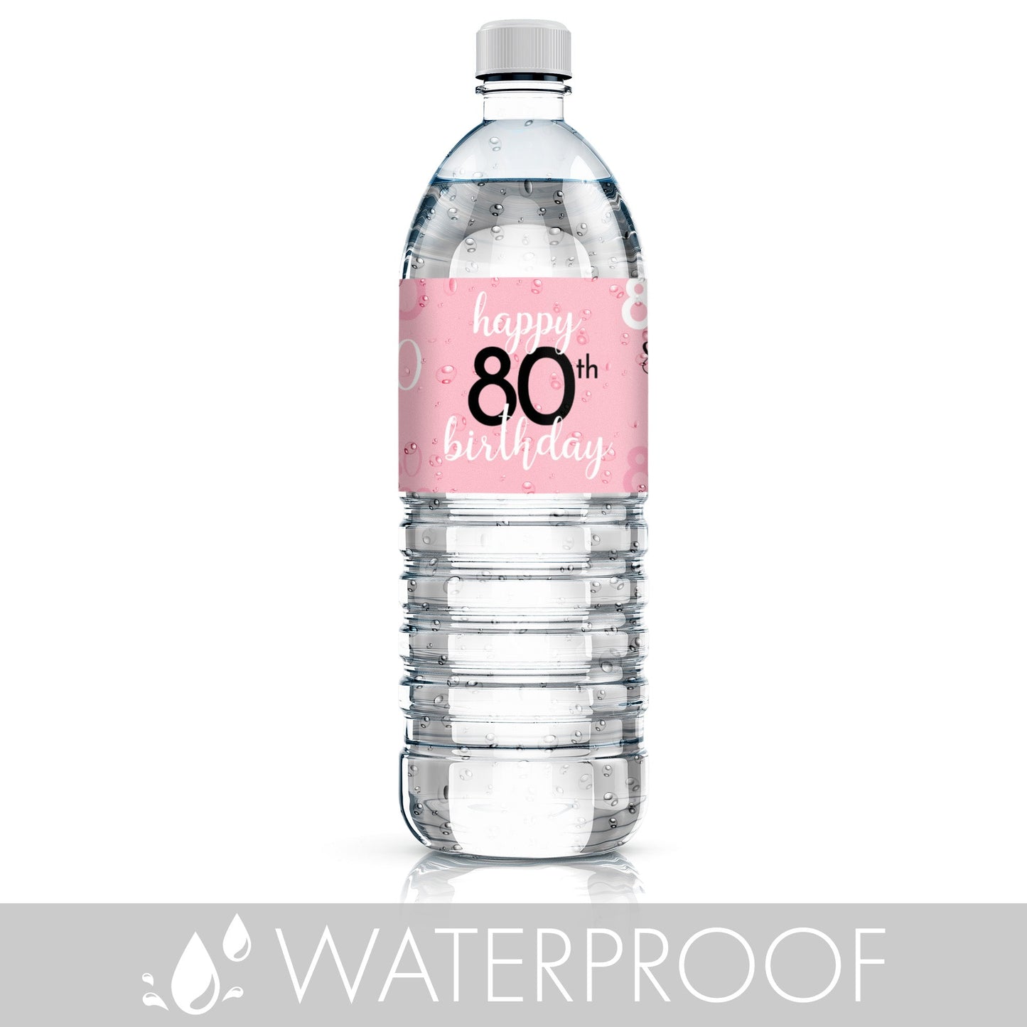 Personalize your water bottles with waterproof labels in a stylish 80th pink and black design