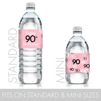 Celebrate in style with pink and black water bottle labels for your 90th birthday