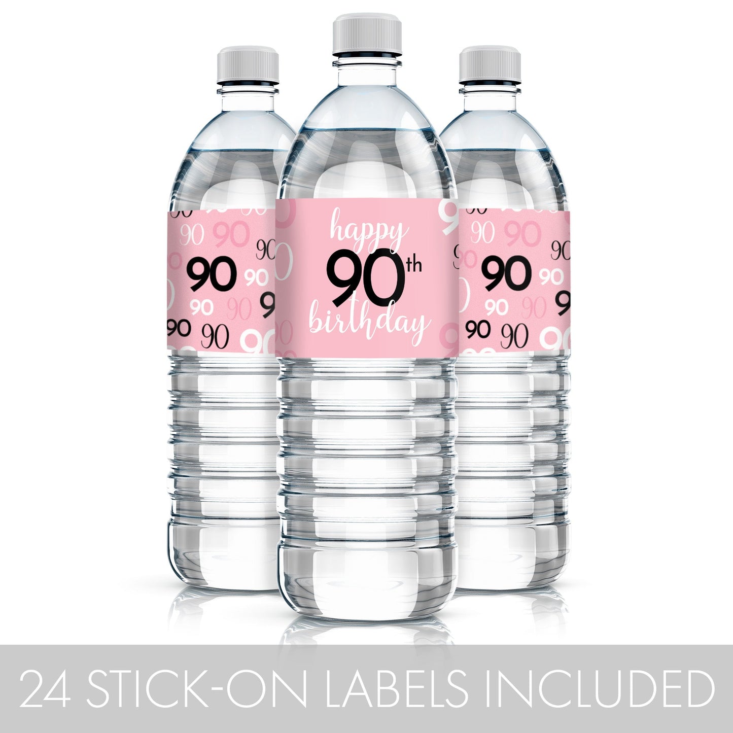 Eye-catching 90th birthday water bottle labels in pink and black with easy peel-and-stick application