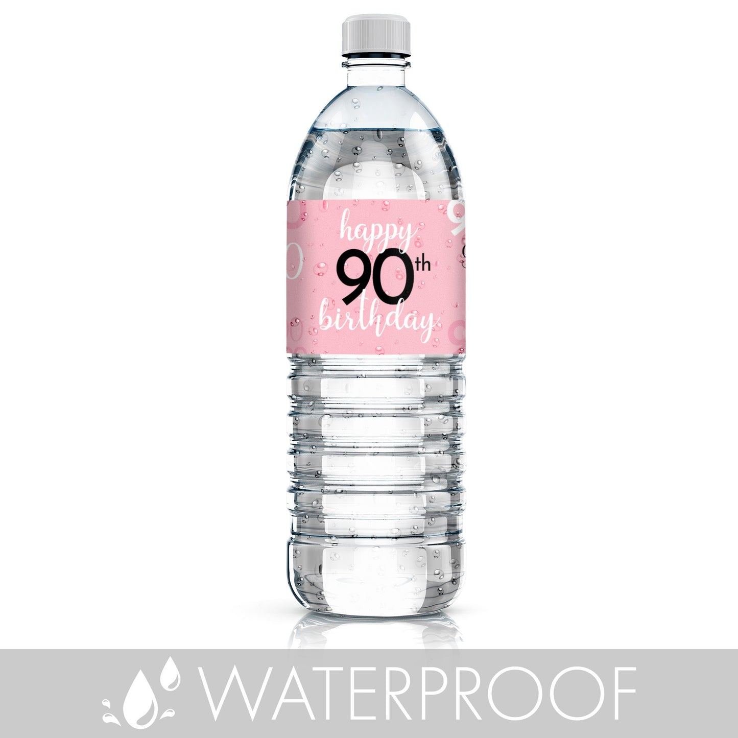 Personalize your water bottles with waterproof labels in a stylish 90th pink and black design