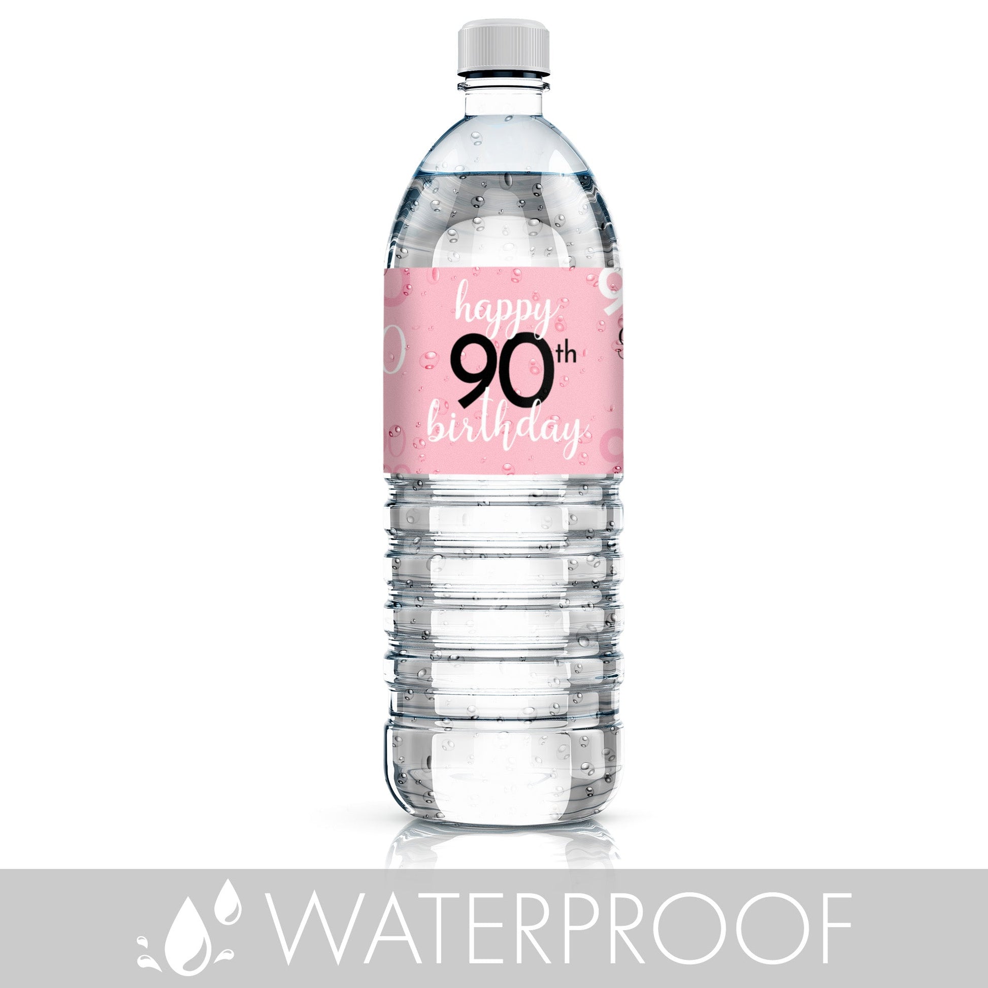 Personalize your water bottles with waterproof labels in a stylish 90th pink and black design