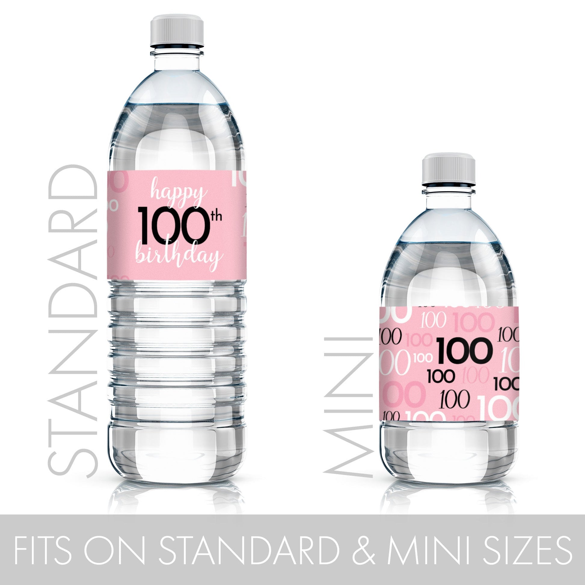 Celebrate in style with pink and black water bottle labels for your 100th birthday