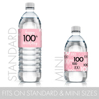 Celebrate in style with pink and black water bottle labels for your 100th birthday