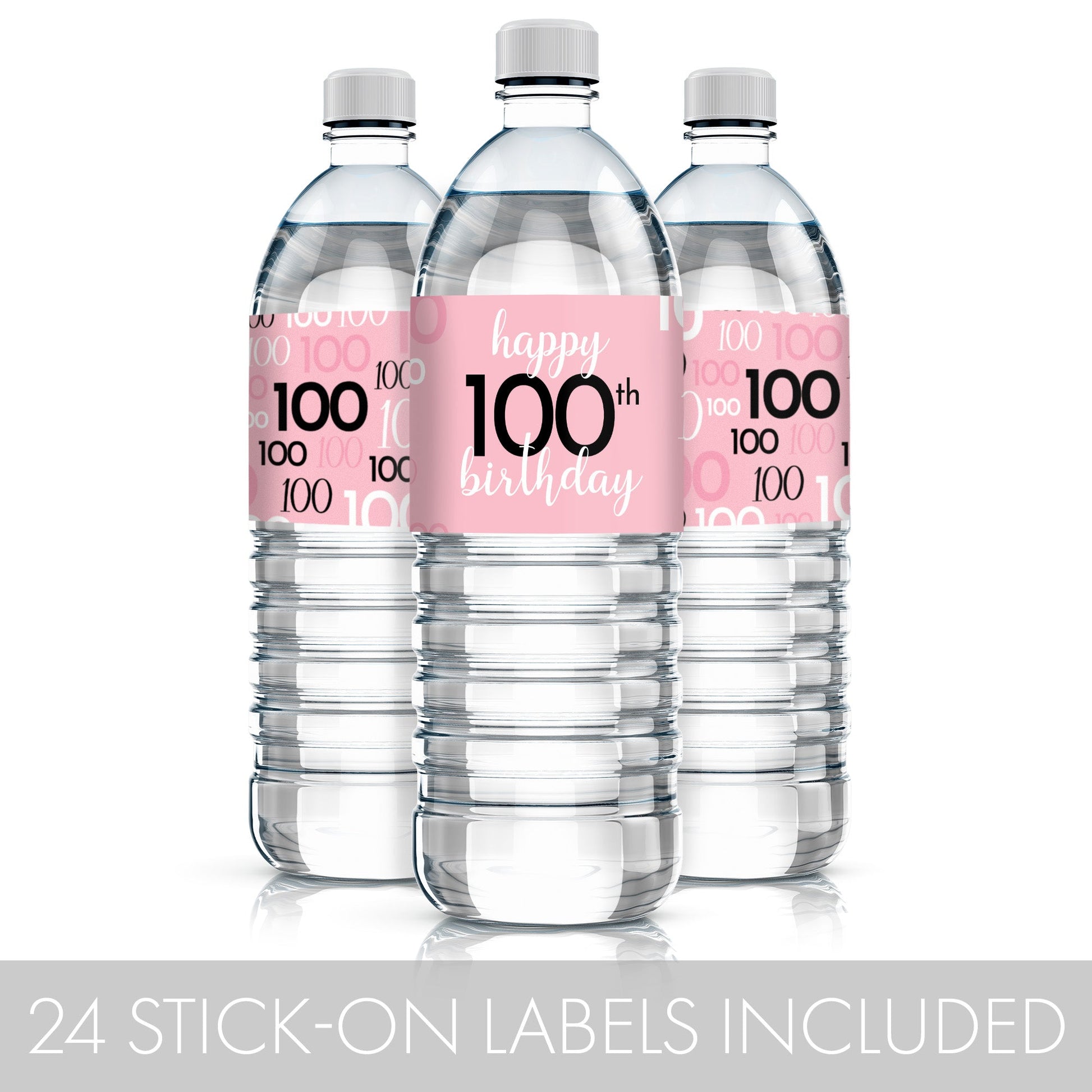 Eye-catching 100th birthday water bottle labels in pink and black with easy peel-and-stick application
