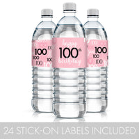 Eye-catching 100th birthday water bottle labels in pink and black with easy peel-and-stick application