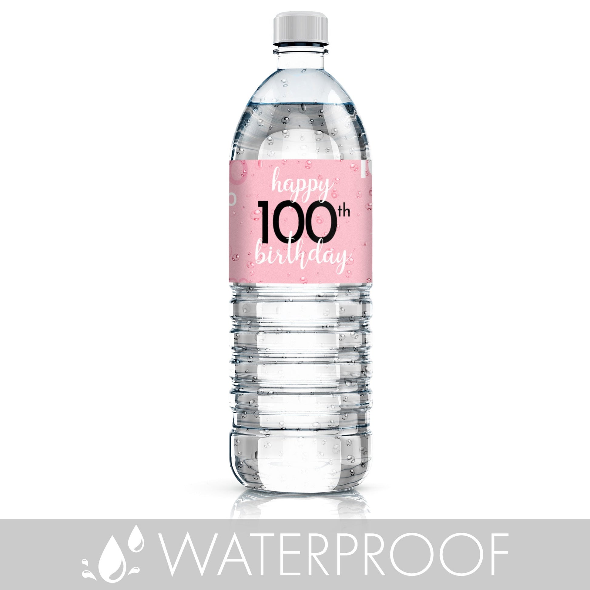 Personalize your water bottles with waterproof labels in a stylish 100th pink and black design