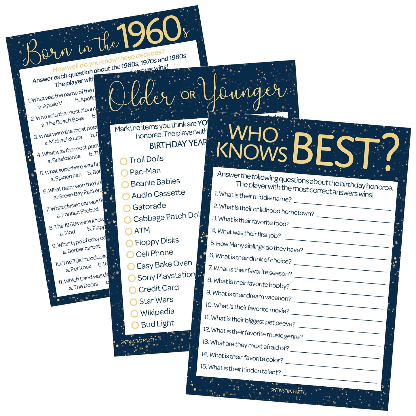 Born in The 1960s: Navy Blue & Gold Birthday Party Game Bundle - 3 Games for 20 Guests