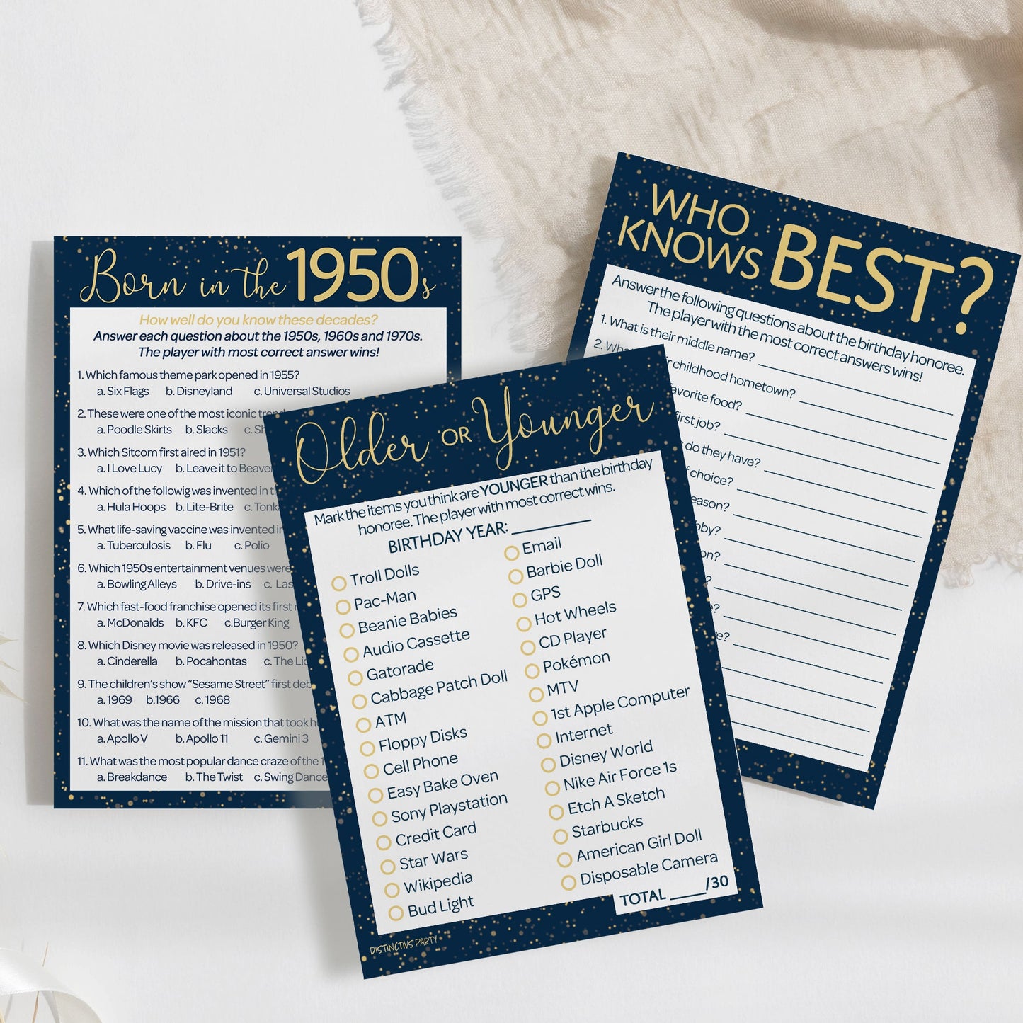 Born in The 1950s: Navy Blue & Gold Birthday Party Game Bundle - 3 Games for 20 Guests