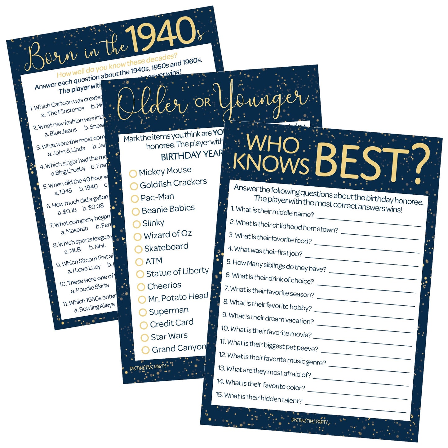 Born in The 1940s: Navy Blue & Gold Birthday Party Game Bundle - 3 Games for 20 Guests