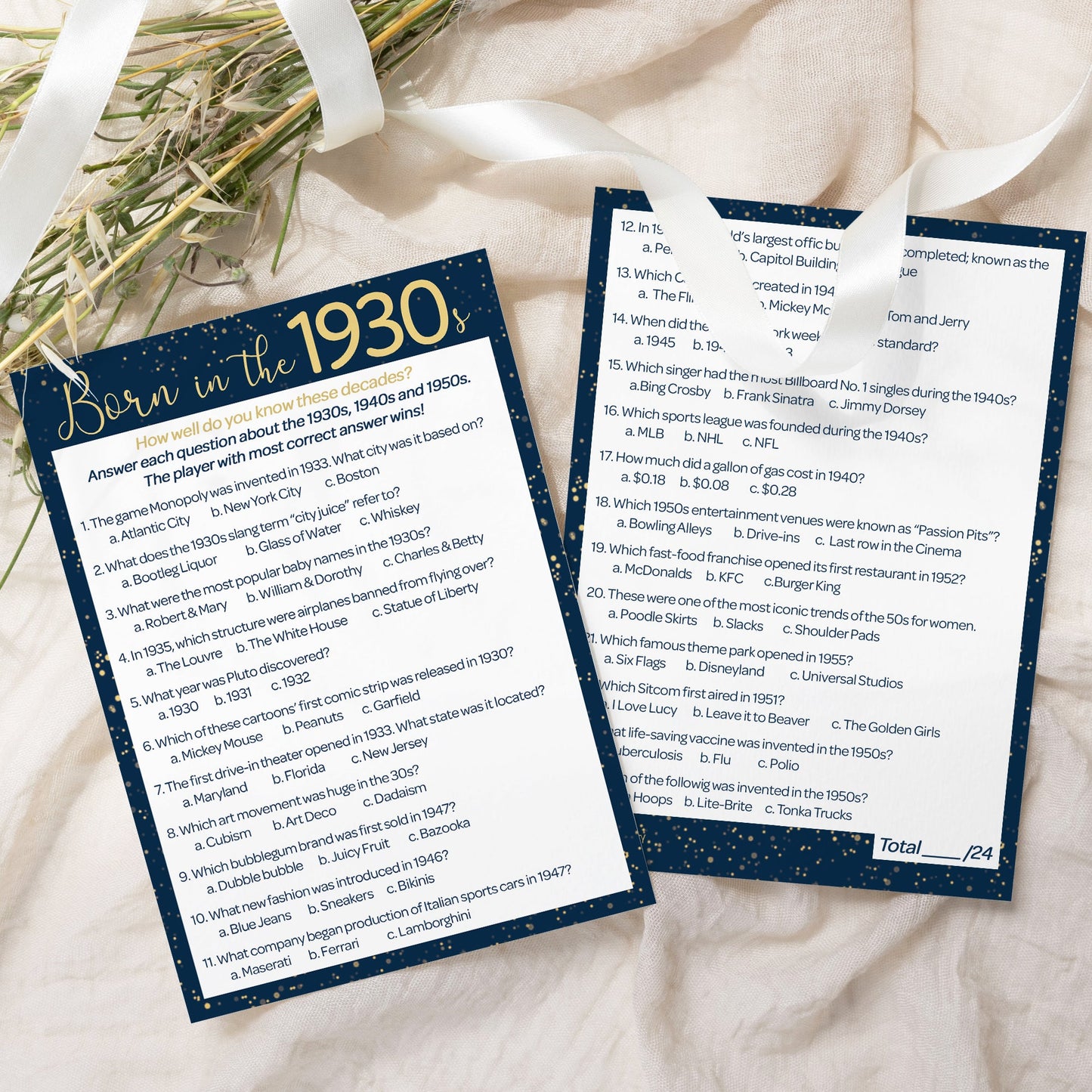 Born in The 1930s: Navy Blue & Gold Birthday Party Game Bundle - 3 Games for 20 Guests