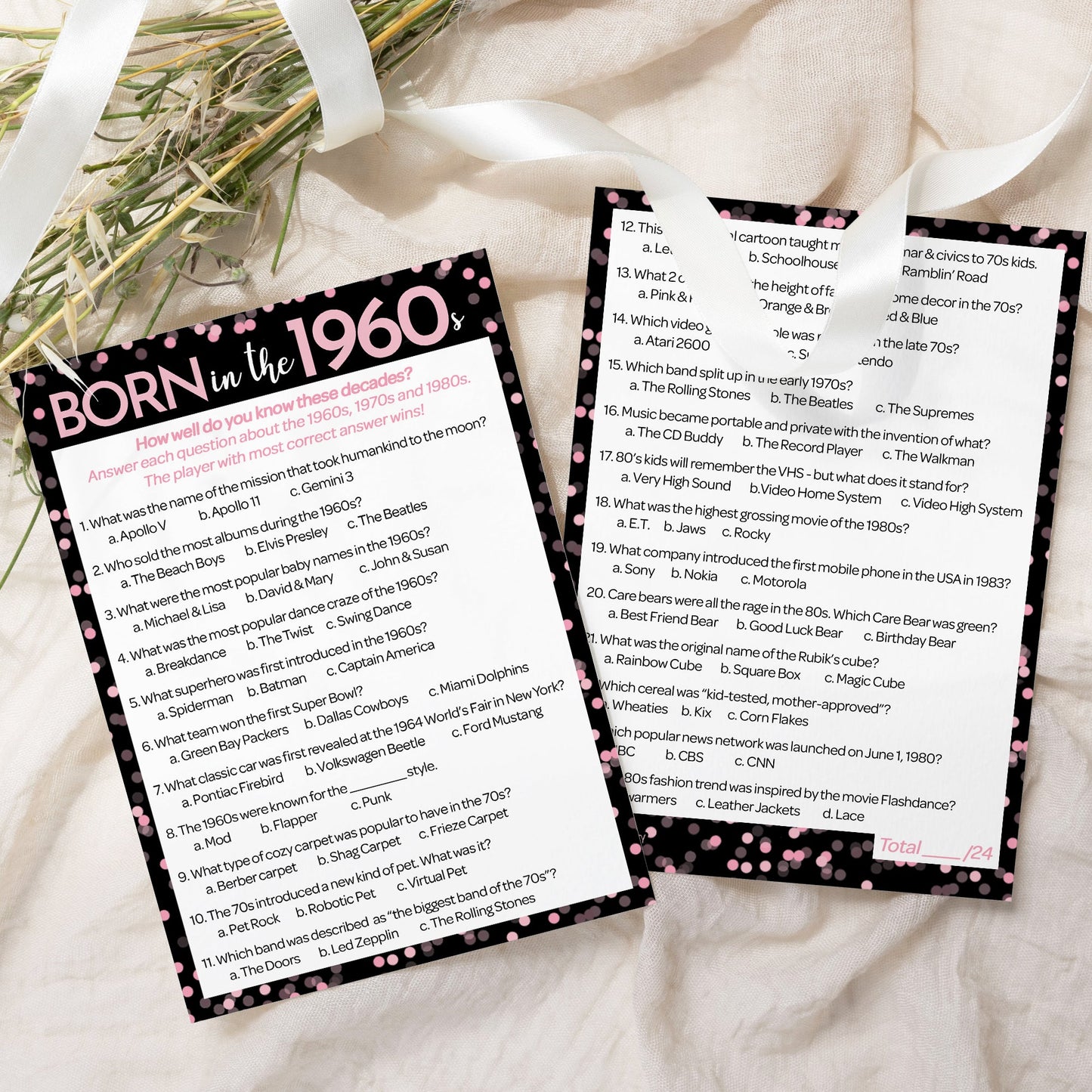 Born in The 1960s Pink & Black Birthday Party Game Bundle - 3 Games for 20 Guests