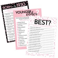 Born in The 1930s Pink & Black Birthday Party Game Bundle - 3 Games for 20 Guests