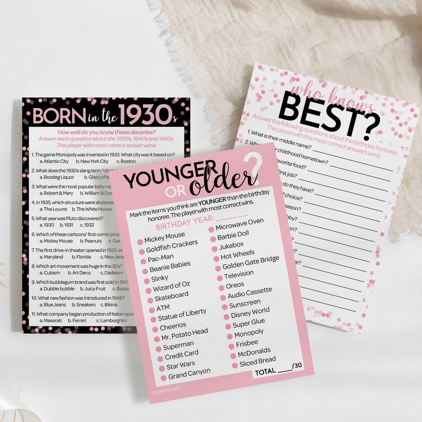Born in The 1930s Pink & Black Birthday Party Game Bundle - 3 Games for 20 Guests