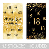Add a touch of glamour to your 18th birthday party with these mini black and gold candy bar stickers - 45 count