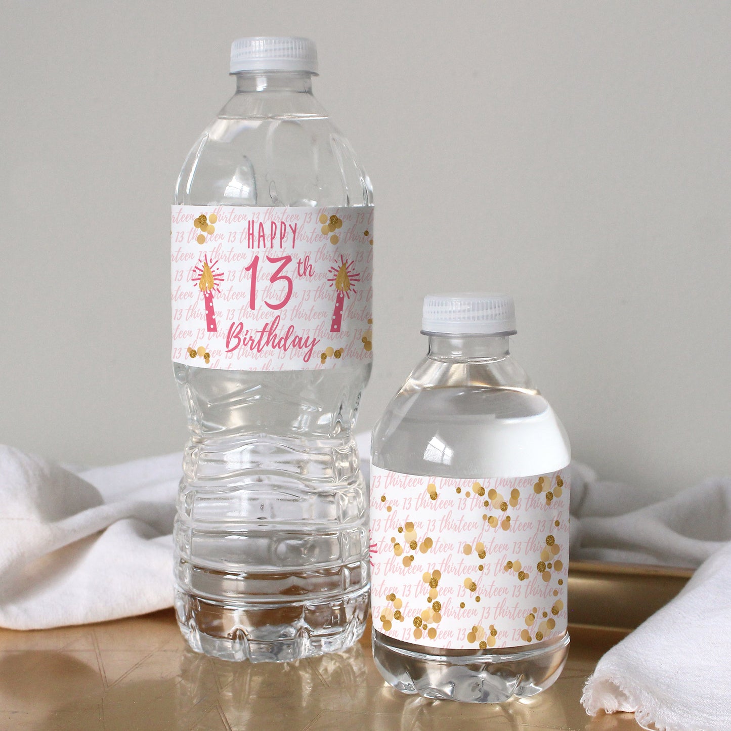 Gold Confetti: Pink & Gold- Thirteenth Birthday - Water Bottle Labels - 24 Count