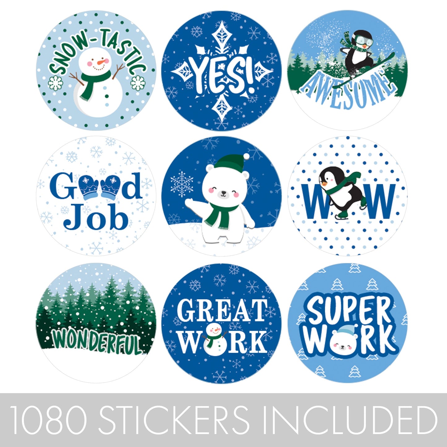 Winter Theme Motivational Reward Stickers for Students (1,080 Stickers)
