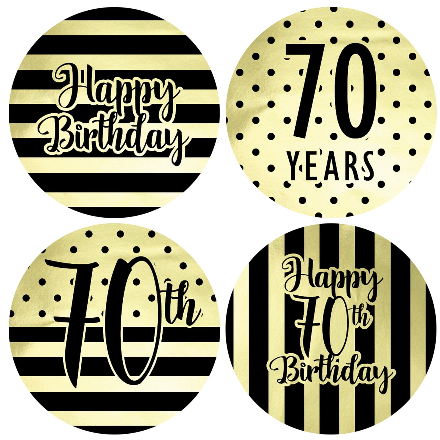 Make your 70th birthday extra special with these 40 black and gold party circle labels!