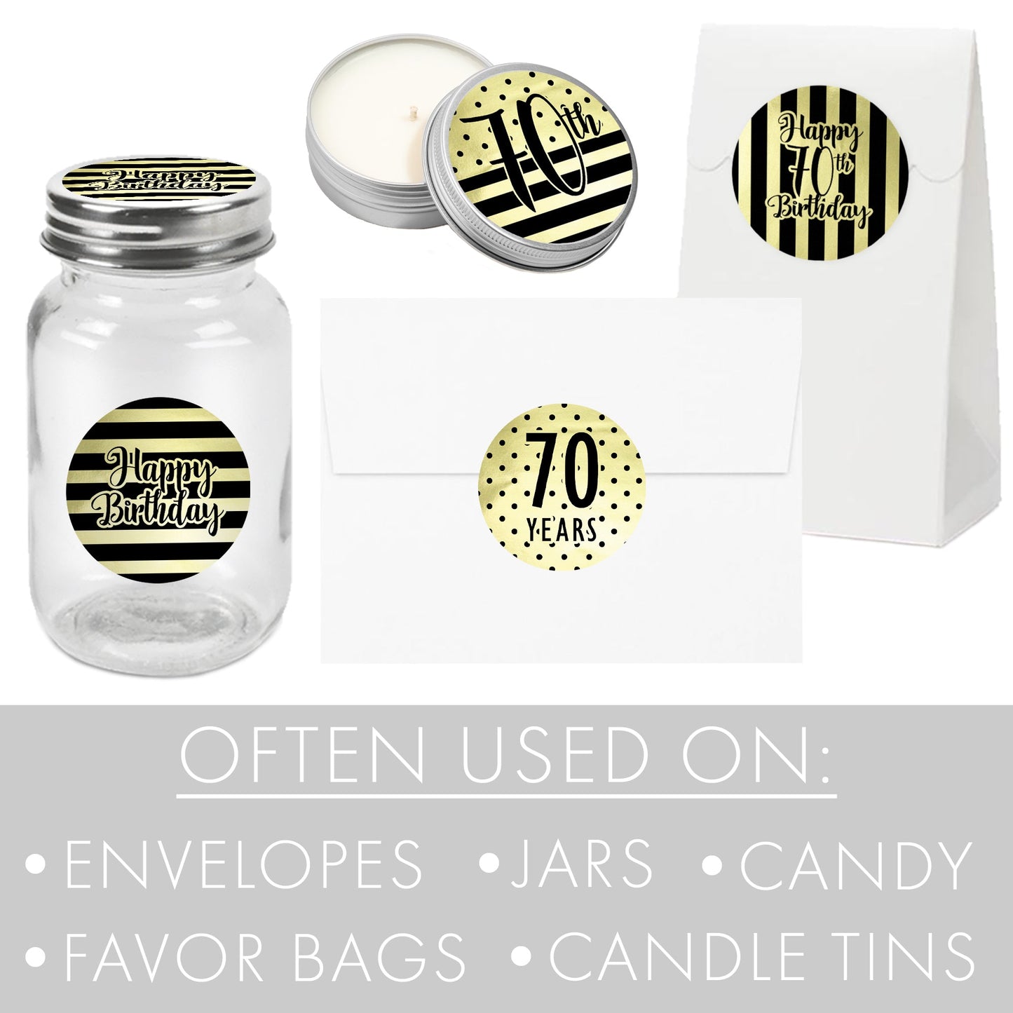  Add flair to your 70th birthday party with these black and gold circle labels!