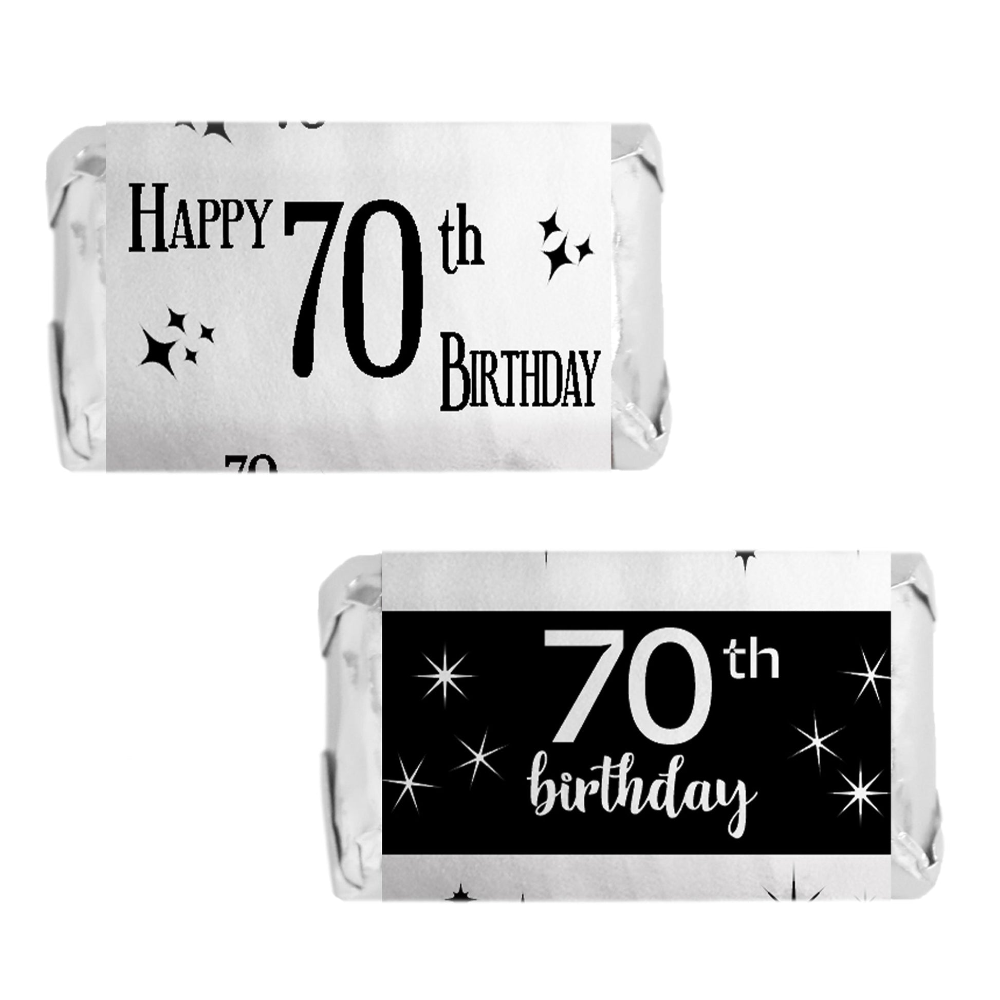 Add sparkle to a loved one's 70th birthday with these Black and Silver Shiny Foil Mini Candy Bar Stickers.
