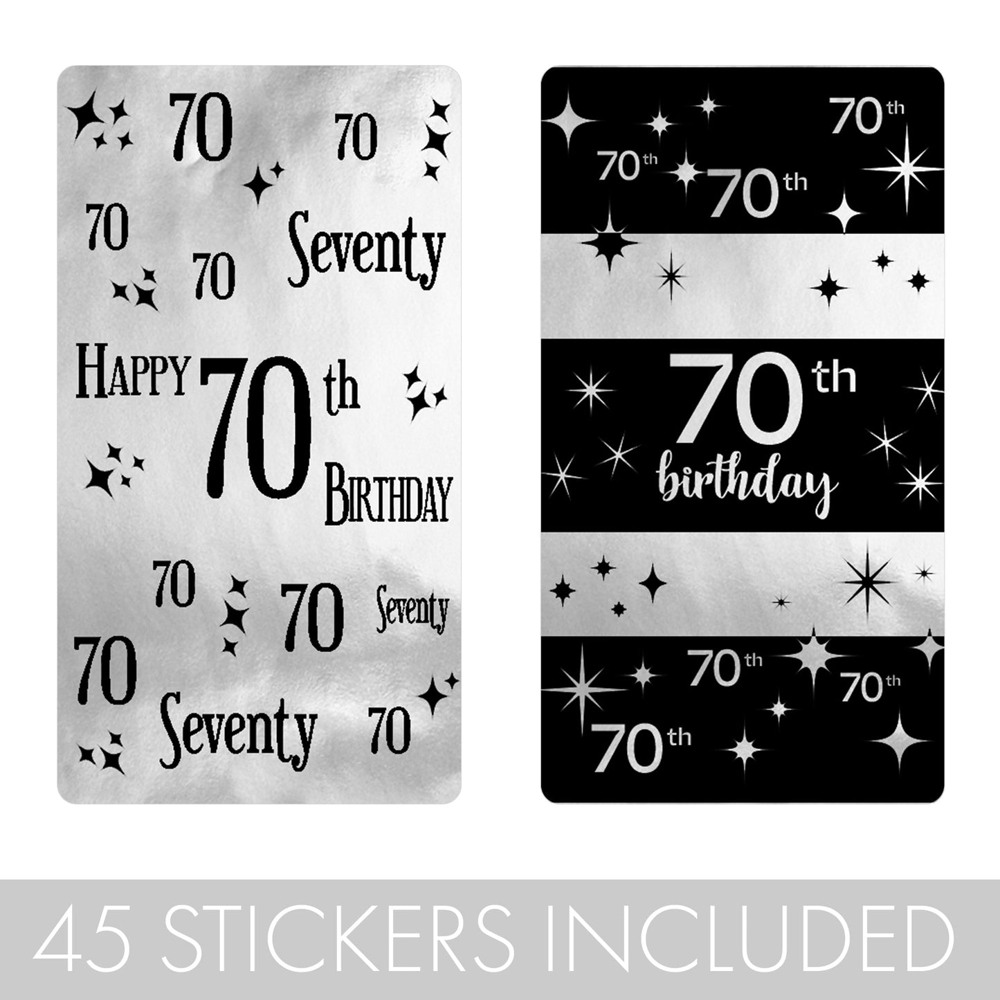 Make a 70th birthday even sweeter with these 45 Count Black and Silver Shiny Foil Mini Candy Bar Stickers.