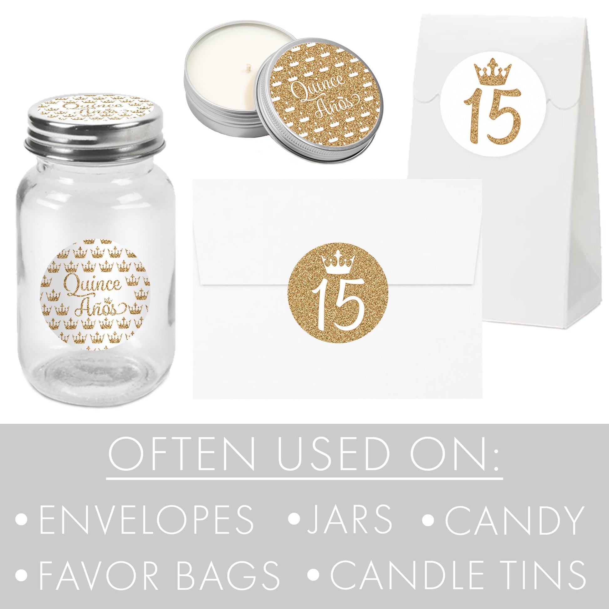 Add a special touch to your quinceañera favors with these elegant white and gold favor labels – 40 stickers included.