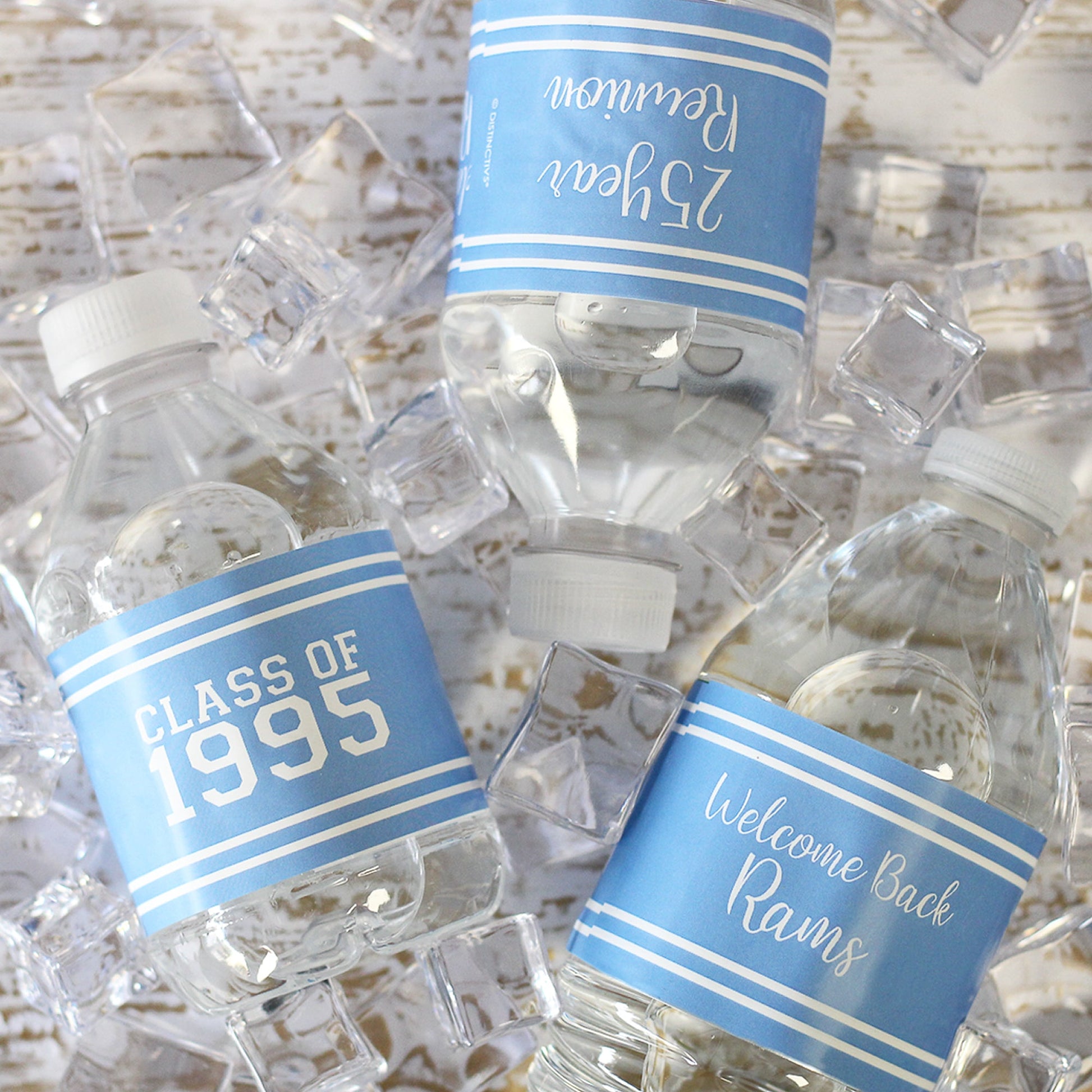 Light Blue Personalized Class Reunion Water Bottle Label Stickers