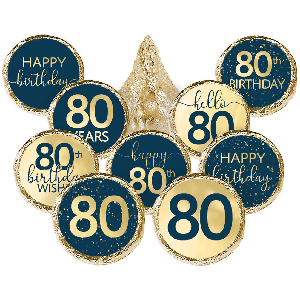 Navy Blue and Gold 80th Birthday Hersheys Kisses Stickers