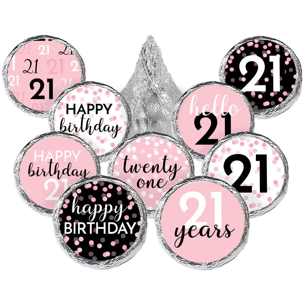 Pink and Black 21st Birthday Stickers - Fits Hersheys Kisses Candy
