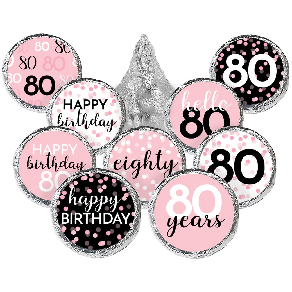 Pink and Black 80th Birthday Stickers - Fits Hersheys Kisses Candy